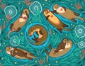 Vector seamless pattern with cute lovely otters in the sea. Decorative surface background Royalty Free Stock Photo