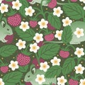 Vector seamless pattern with cute mice among berry bushes