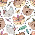 Vector seamless pattern, cute muzzles of forest animals in scandinavian style with feathers, leaves