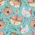 Vector seamless pattern, cute muzzles of forest animals in scandinavian style with feathers, leaves