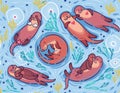 Vector seamless pattern with cute otters in the sea. Decorative surface background Royalty Free Stock Photo