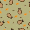Vector seamless pattern with cute owls, oak leaves