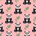 Vector seamless pattern cute pandas. Mascot funny bear cubs.