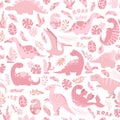 Vector seamless pattern with cute pink hand drawn cartoon dinosaurs, leaves and branches isolated on white background.