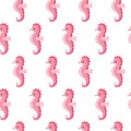 Vector seamless pattern with cute pink sea horse on white background Royalty Free Stock Photo