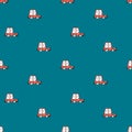 Vector seamless pattern with cute red doodle-style typewriters on a blue background Royalty Free Stock Photo