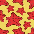 Vector seamless pattern, cute red starfish on a yellow background Royalty Free Stock Photo