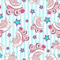 Vector seamless pattern with cute retro roller skates on blue striped background with stars.