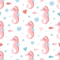 Vector seamless pattern with cute sea horse on white background Royalty Free Stock Photo