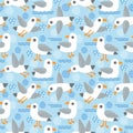 Vector seamless pattern with cute seagulls on a blue background with abstract spots