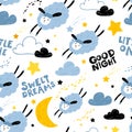 Vector seamless pattern with cute sheep, moon, clouds. Night nursery background. For kids apparel, fabric, textile ,wrapping paper Royalty Free Stock Photo