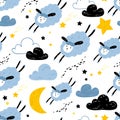 Vector seamless pattern with cute sheep, moon, clouds. Night nursery background. For kids apparel, fabric, textile, wrapping paper Royalty Free Stock Photo