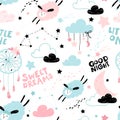 Vector seamless pattern with cute sheep, moon, clouds. Night nursery background. For kids apparel, fabric, textile, wrapping paper Royalty Free Stock Photo