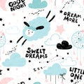 Vector seamless pattern with cute sheep, moon, clouds. Night nursery background. For kids apparel, fabric, textile, wrapping paper Royalty Free Stock Photo