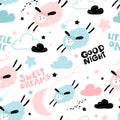 Vector seamless pattern with cute sheep, moon, clouds. Night nursery background. For kids apparel, fabric, textile, wrapping paper Royalty Free Stock Photo