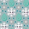 Vector seamless pattern with cute smiling snowflake, rain drop faces.