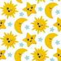 Vector seamless pattern with cute smiling sun, moon, star faces.