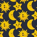 Vector seamless pattern with cute smiling sun, moon, star. Royalty Free Stock Photo