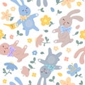 vector seamless pattern. cute spring cartoon gardeners bunnies, plants and flowers. wallpaper, wrapping paper