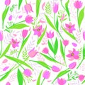 Vector seamless pattern of cute stylish tulips. Spring illustration.