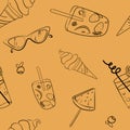 Vector seamless pattern of cute summer icons: food, drinks, fruits, sunglasses, ice cream. Bright summertime poster. Collection of Royalty Free Stock Photo