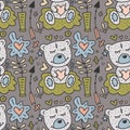 Vector seamless pattern with cute Teddy bears hearts and flowers. Royalty Free Stock Photo