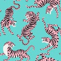 Vector seamless pattern with cute tigers on background. Circus animal show. Fashionable fabric design.