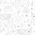 Vector seamless pattern of cute unicorns, rainbow, clouds, crystals, hearts, flowers outlines.