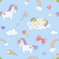 Vector seamless pattern with cute unicorns, rainbow clouds, magicsticks and heart stars. Magic dream background with Royalty Free Stock Photo