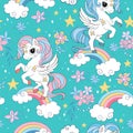 Vector seamless pattern with cute unicorns turquoise