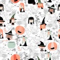 Seamless Pattern with Cute Witches in Flowers on White Background