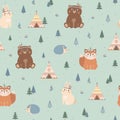 Vector seamless pattern with cute woodland tribal animals