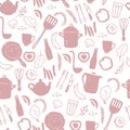 Vector seamless pattern with cutlery and kitchenware elements - pan, pot, fork, knife, vegetables, spice, sausage, egg beater, cup