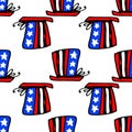 Vector seamless pattern of a cylinder in the colors of the American flag. a hand-drawn doodle pattern of a high hat in red with