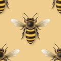 Vector Seamless Pattern with 3d Realistic Detailed Honey Bee Icon Closeup on Yellow Background. Queen Honeybee Design Royalty Free Stock Photo