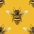 Vector Seamless Pattern with 3d Realistic Detailed Honey Bee Icon Closeup on Yellow Background. Queen Honeybee Design