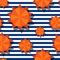 Vector seamless pattern with 3d stylized orange sun and navy stripes.