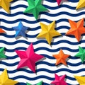 Vector seamless pattern with 3d stylized stars and and blue wavy stripes.