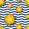 Vector seamless pattern with 3d stylized yellow sun and blue wavy stripes. Summer marine striped background. Royalty Free Stock Photo