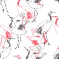 Vector seamless pattern with dancing cranes couple isolated on w