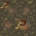 Vector seamless pattern on a dark background gold sketch of items for the tea party. 3d teapot and cup, candy, lemon Royalty Free Stock Photo