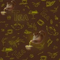 Vector seamless pattern on a dark background sketch of items for the tea party. 3d teapot and cup, candy, lemon, saucer Royalty Free Stock Photo