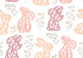 Vector seamless pattern with decorated rabbits and flowers. Nursery texture with folk art hares in pastel colors on white