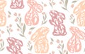 Vector seamless pattern with decorated rabbits and flowers. Nursery texture with folk art hares in pastel colors on white