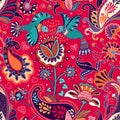 Vector seamless pattern, decorative indian style. Stylized flowers and birds on the red background. Colorful cartoon illustration