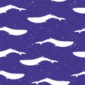 Vector seamless pattern on deep blue violet starry dust and grain background with white whales silhoettes. For prints, textile