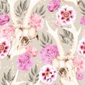 Deer skulls and flowers seamless background Royalty Free Stock Photo