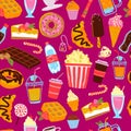 Vector seamless pattern with dessert, drink, snack illustration: donut, popcorn, coffee, croissant, cupcake isolated on pink backg