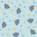 Vector seamless pattern with devilfish, starfish, algae.Underwater cartoon creatures.Marine background.Cute ocean