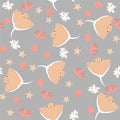 Vector seamless pattern with devilfish, starfish, algae.Underwater cartoon creatures.Marine background.Cute ocean